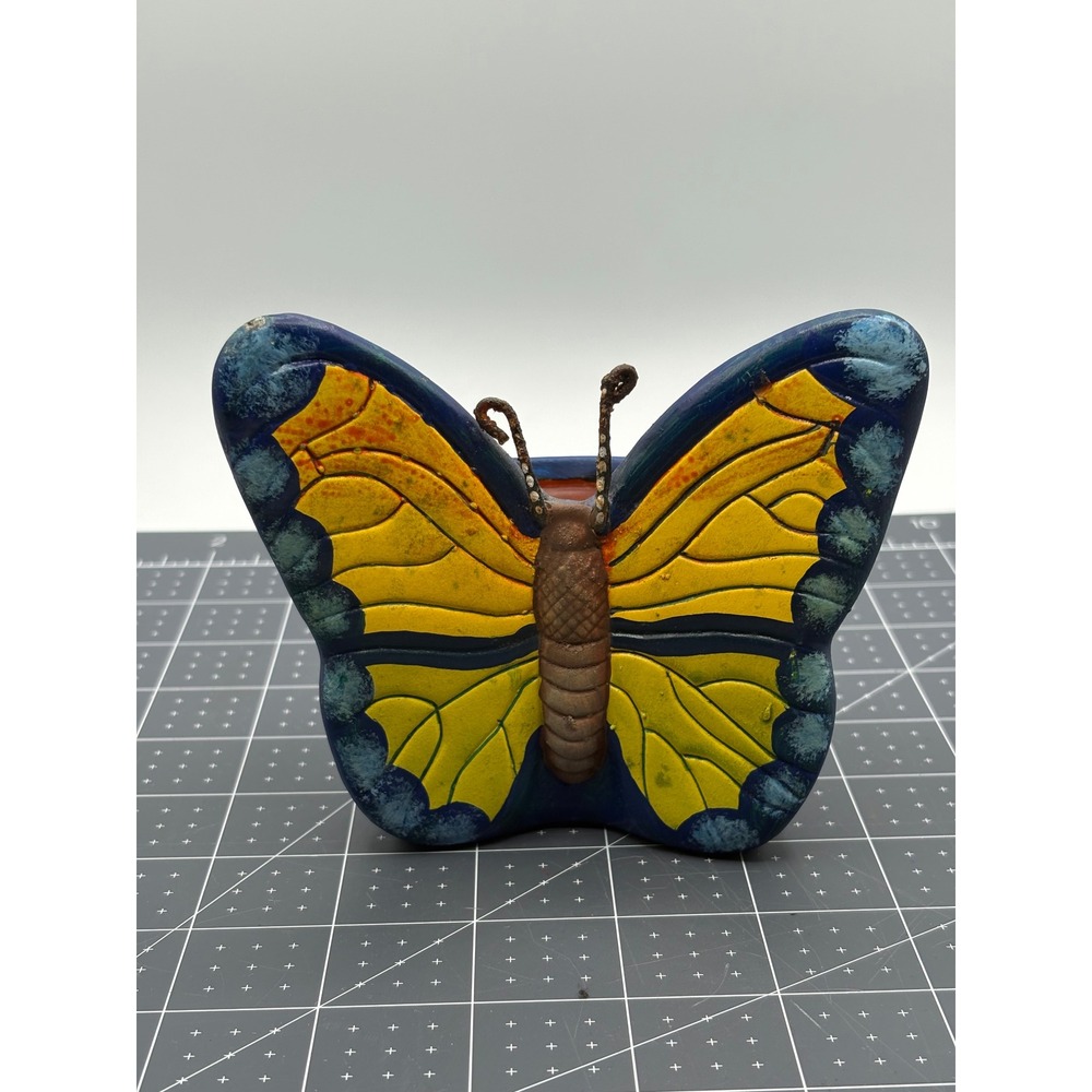 Hand Painted Butterfly Candle Holder Yellow Blue Rustic Folk Art Decor